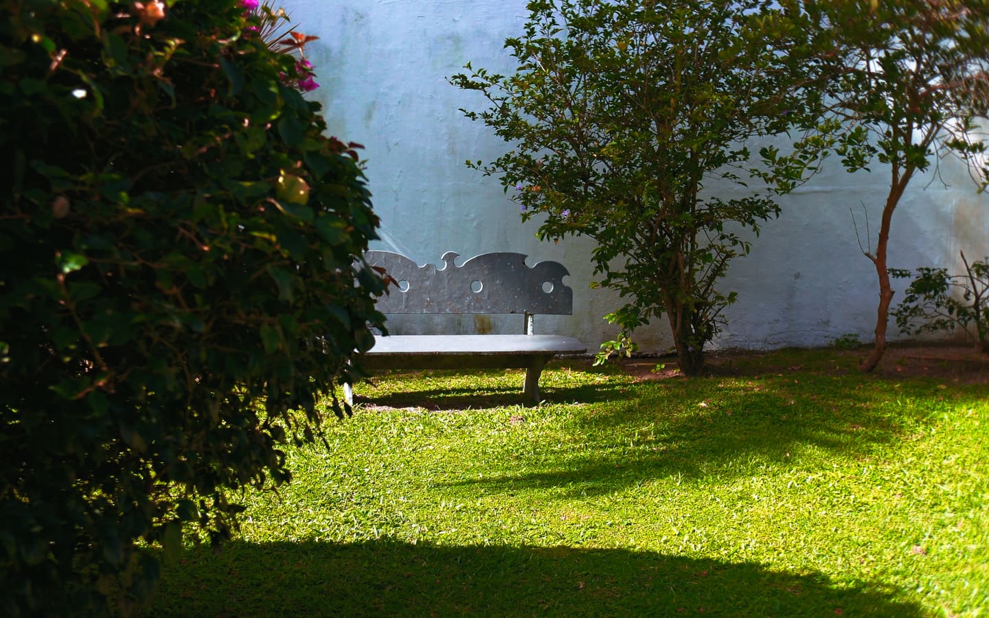 Área de sombra no terreno, com árvore, banco e gramado